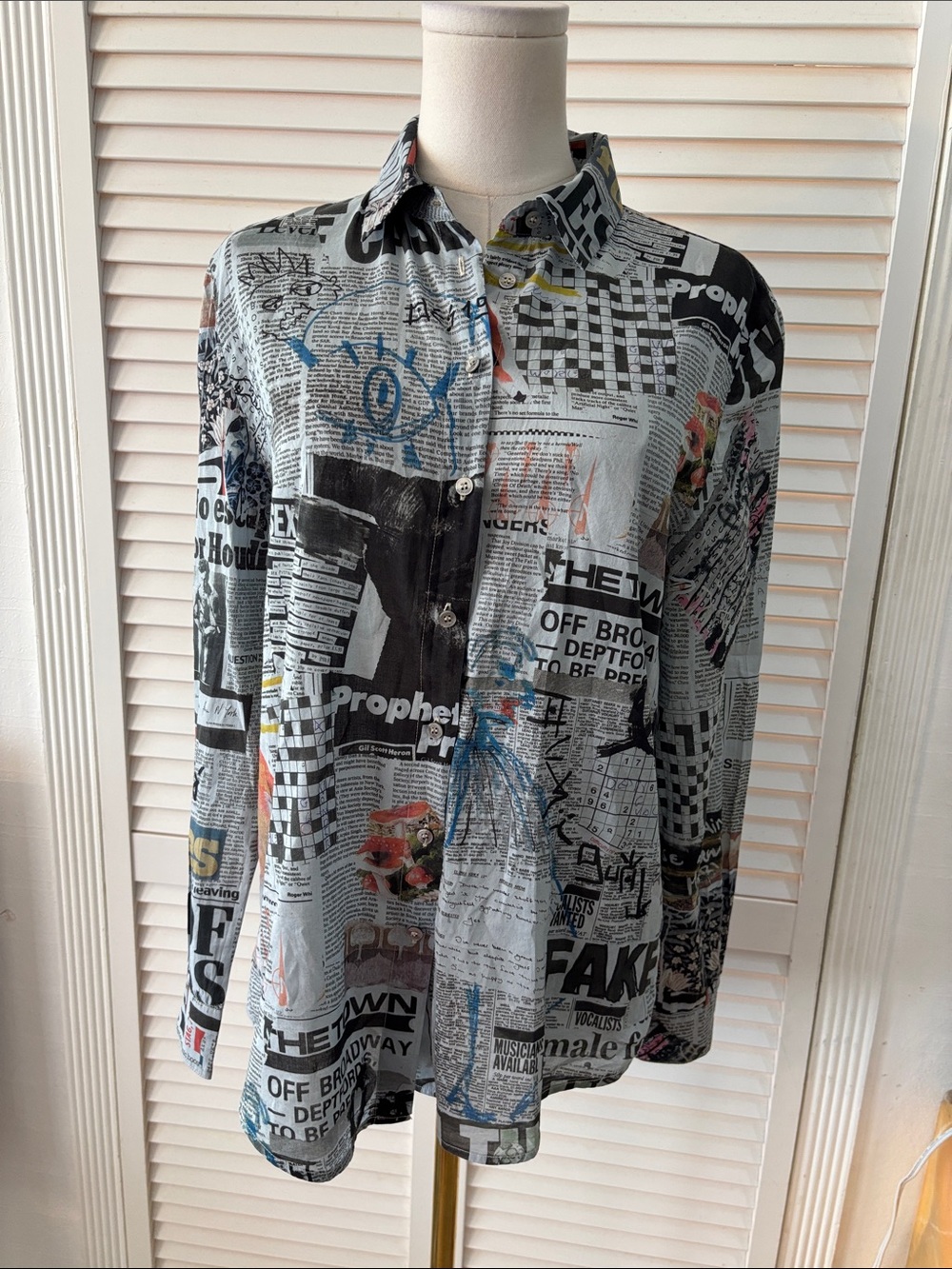 Desigual Men's Newspaper-Print Button-Down Shirt in Black, White & Blue Accents